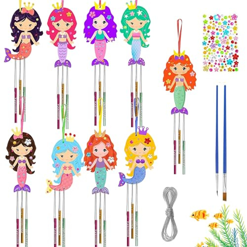LUMOOM Juego de 9 piezas de carillón de viento de sirena para niños, DIY madera para pintar, cumpleaños infantil, manualidades, juegos creativos para niños y niñas, como idea de regalo de cumpleaños
