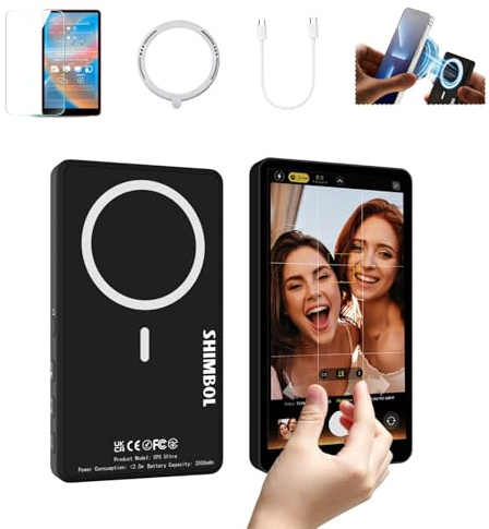 Shimbol CP5 Ultra Black, 5 FHD Touch Screen Wireless Vlog Selfie Phone Monitor | Reverse Control for iPhone 17/16/15/14/13/Pro/Pro Max/Plus Magnetic Snap-On, Built-in Speaker, Compatible with Android