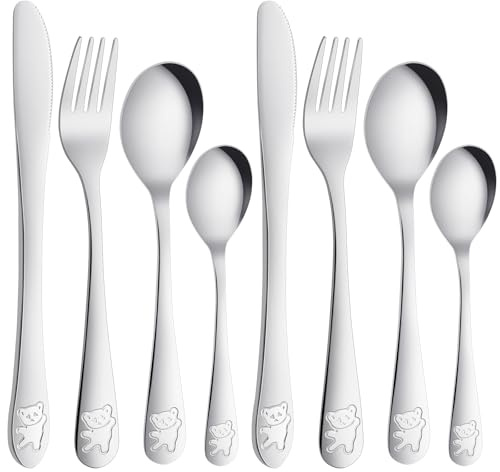 AUAUY 8Pzs Cubierto Acero Inoxidable, Diseño Osito Grabado, Plata | Cubiertos Acero Inoxidable Incluye 2 Tenedor, 2 Cuchillo Cena Seguro, 2 Cuchara Pequeña, 2 Cuchara Grande, para Niños y Niñas