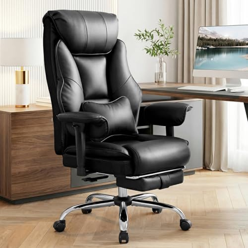 WOLTU Bürostuhl Ergonomisch,Chefsessel Doppellagige Rückenlehne, PU Schwarz | 3-stufige Rückenlehnenverstellung, mit Lendenwirbelstütze, Fußstütze, für Büro, Besprechungsraum