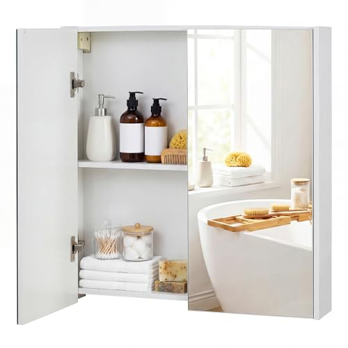 COSTWAY Armario de Baño con Espejo, Armario de Pared con 2 Puertas de Espejo, 2 Estantes de Almacenamiento, Mueble de Baño, Montaje Empotrado o en Superficie, para Entrada, Salón 62x11x65 cm (Blanco)
