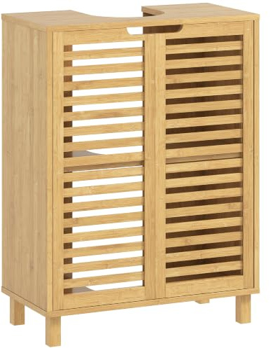 HOMCOM Meuble sous Lavabo en Bambou, 60 x 30 x 80 cm, Bois Naturel | Meuble de Salle de Bain, 2 Portes Persiennes, Étagère Réglable, Adapté aux Lavabos avec ou sans Pied