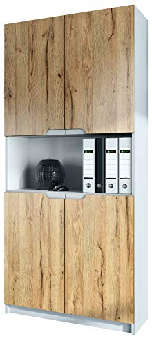 Vladon Büroschrank Logan V2, Made in Germany, Aktenschrank mit 5 Fächern und 4 Türen, Weiß matt/Eiche Natur (82 x 184 x 37 cm)