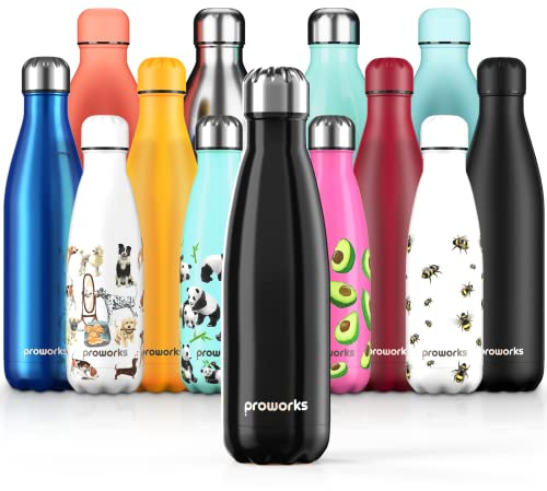 Proworks Performance Stainless Steel Sports Water Bottle | Double Insulated Vacuum Flask for 12 Hours Hot & 24 Hours Cold Drinks - Great for Home, Work, Gym & Travel - 1 Litre - BPA Free – Black