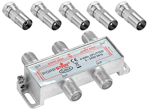 Poppstar Sat-Verteiler Antennenverteiler Splitter Umschalter 4-Fach inkl. IEC Stecker (analog/digital/BK/unicable/HD/4K tauglich) für TV,Antenne,Satellit,Kabel,Fernseher,Radio,LNB