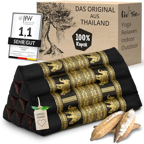 Livasia Coussins de Soutien Dorsal en Soie thaï - 32x55x30cm - Coussins triangulaires pour Le Jardin et Le Balcon, Coussins en biseau en kapok, Faits Main (Noir/Éléphants Soie)