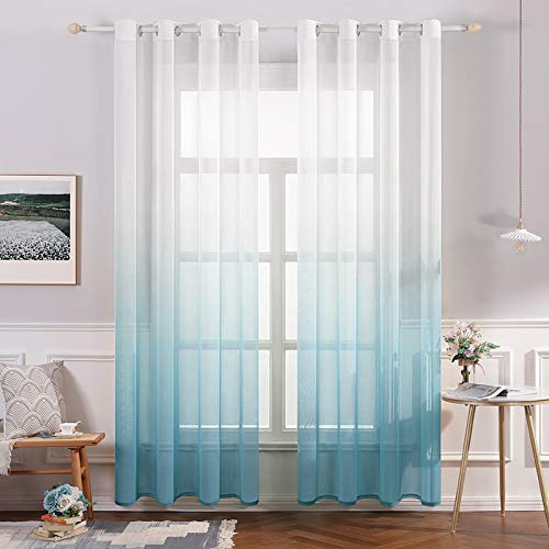 MIULEE Gardinen Transparent Vorhänge Farbverlauf Voile Sheer 2er Set Vorhang mit Ösen Dekoschal Fensterschal für Schlafzimmer und Wohnzimmer 245 cm x 140 cm(H x B) Weiß Blau