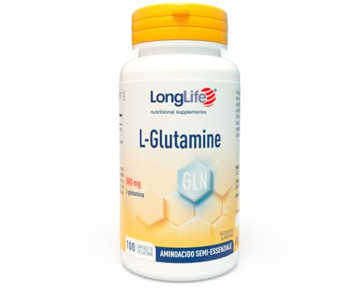 LongLife® L-Glutamine | 500 mg | Aminoacido semi-essenziale | Turnover proteico | Supporto muscolare | Alta purezza e qualità | 100 capsule di gelatina | Senza glutine e doping free