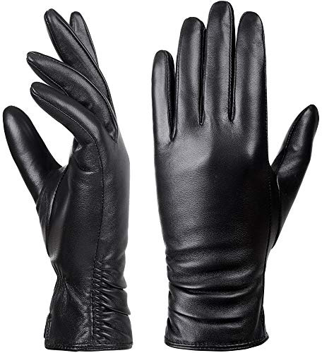 Damen Winter-Lederhandschuhe mit Touchscreen Text, warmes Lammfell, 100% reines echtes Leder