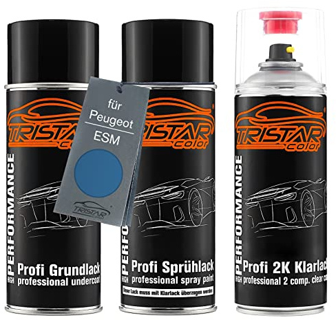 TRISTARcolor Bombes de peinture pour Peugeot ESM Bleu Vertigo Metallic +2K | Peinture voiture, Kit peinture de fond + base + vernis 2K, bombes aérosols 400ml