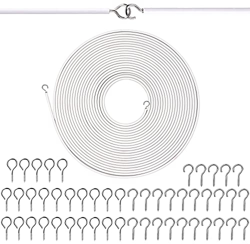 GGOUPTY Filo per tende da 15 m di lunghezza con 25 occhi e 25 ganci bianco cavo multiuso per appendere tende, foto, artigianato