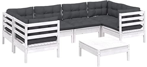 vidaXL Kiefernholz Gartenmöbel 7-TLG. mit Kissen Weiß Ecksofa Mittelsofa Tisch Fußhocker Sitzgruppe Sofa Lounge Gartensofa Garten Garnitur Gartenset