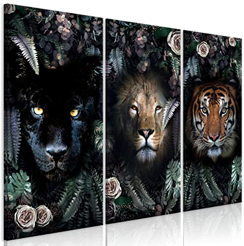 decomonkey Bilder Tiere Abstrakt 120x80 cm 3 Teilig Wandbild Groß Leinwandbild XXL Deko Wohnzimmer Schlafzimmer Büro Wanddeko Leinwand Pictures For Wall Poster Löwe Tiger Blumen Laub Rosen grün
