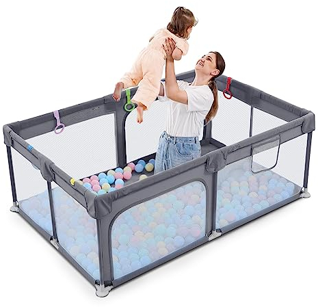 Dripex Laufstall Baby 120x180cm, Laufgitter Baby, Laufstall mit atmungsaktivem Netz, Laufgitter 300D Oxford Gewebe, Playpen, kinderlaufstall, Große Sicherheitsspielplatz, Dunkelgrau