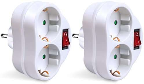 EXTRASTAR 2 en 1 Adaptador con Interruptor y 2 Enchufes Schuko, Adaptador de Regleta, hasta Carge 3680W, 16A/250V~, Blanco, 2Pcs