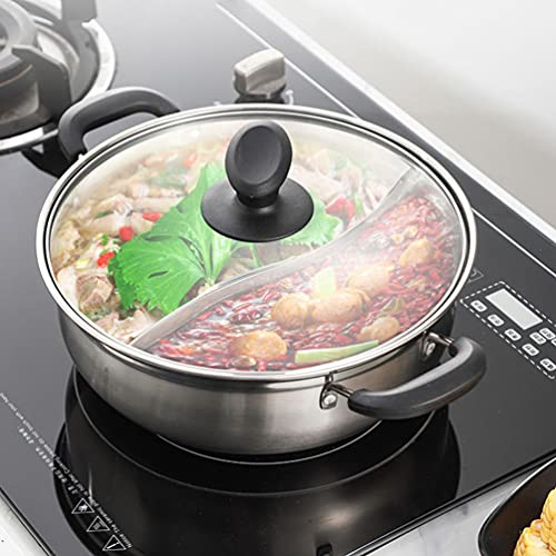 Cabilock Stainless Steel Cookware Stainless Steel Shabu Shabu Pot with Divider and Lid Dual Sided Hot Pot Divided Hotpot Soup Pot Cookware for Induction Cooktop Gas Stove 30x11CM Gas Cooking Pot