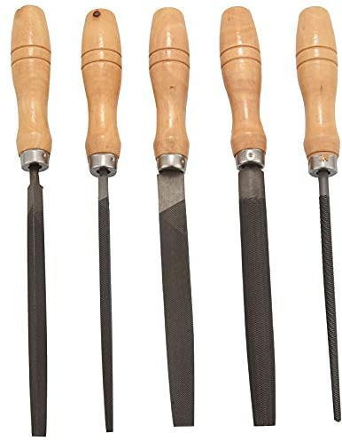 Louttary Kohlenstoff Stahl Feilen Set mit Holzgriffen Raspel Feile für, Metall, Kunststoff, 5 Teilig (Stahl Feile)