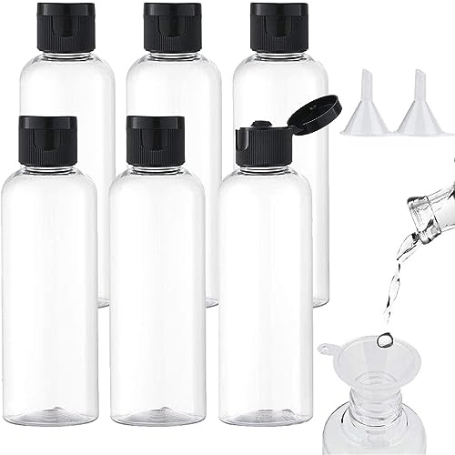 Voarge Reseflaskset, 6-pack reseflaska 100 ml plastflaska med 2 små tratt, transparent plastluft flygresa flaska plats för flygning, flygplats, semester, svart