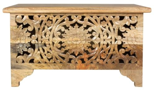 Oriental Galerie Shabby Chic Holztruhe Indische Truhe mit aufwendiger Blumen Schnitzerei Natur 80 cm