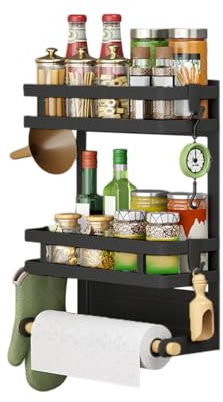 Heikoeco® Gewürzregal, Gewürz Organizer, Schrank Organizer, 2-stöckiges magnetische Gewürzregale mit Papierhandtuchhalter, Metall Küche Gewürz Organizer Regal für Kühlschrank (schwarz 2 Stufe)