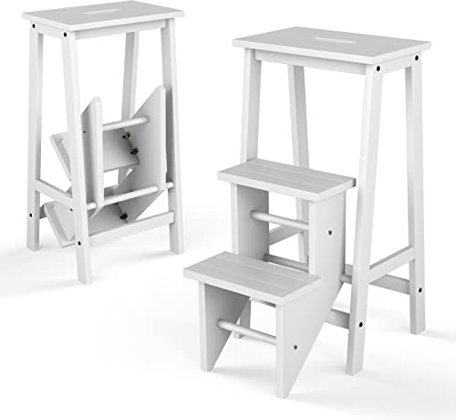 GIANTEX Sgabello Scala in Legno a 3 Gradini, Sgabello Pieghevole, Trittleiter Tritthocker Pieghevole, Sgabello Scala in Legno, Portata 310 kg, Pieghevole, Gradini in Massiccio Legno di Gomma, Scala