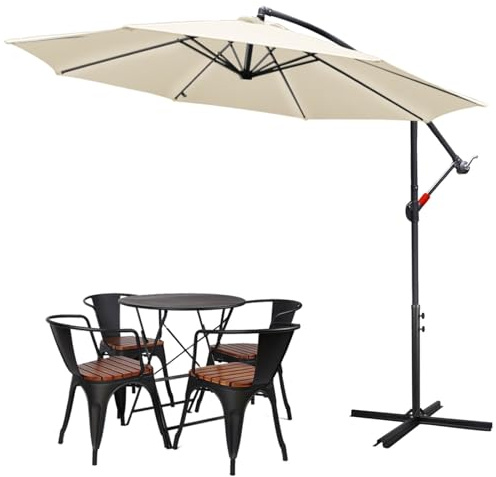 Tubiaz Sonnenschirm 350cm Ampelschirm Groß Alu Kurbelschirm mit Ständer UV-Schutz 40+ Parasol Wasserdicht Gartenschirm Marktschirm für Balkon, Garten, Terrasse,Beige