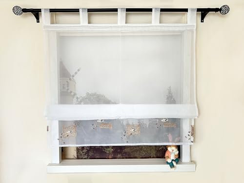 Devola Raffrollo mit Kaffeemotiv Raffgardinen Modern Küche Schlaufenrollo Weiß Küchengardinen mit Schlaufen Fenstergardinen Transparent HxB 140x60cm 1 Stück