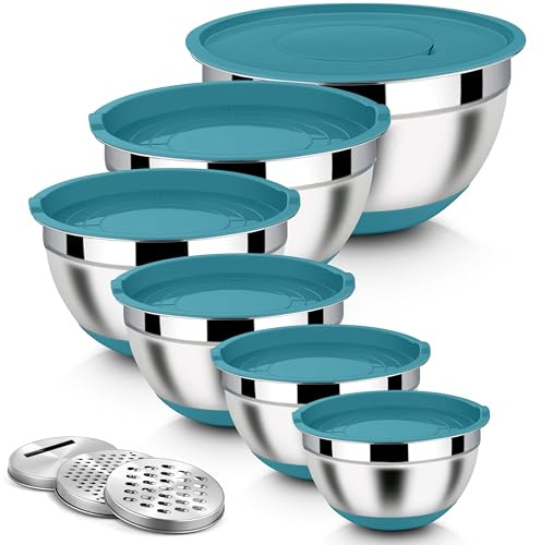 Homikit Rührschüssel 6er Set, Edelstahl Schüssel Salatschüssel Set mit 3 Stück Reibeanufsätzen, Luftdichtem Deckel & Silikonboden, Ink. 4,6L/2,8L/2,5L/1,6L/1,2L/0,7L, Stapelbar, Blau