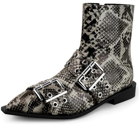 MISSMILLER Women Booties Buckle Ankle Boots Chunky Low Heel Eyelet Booties Sexy Pointy Toe Fashion Dress Short Boots with Zips