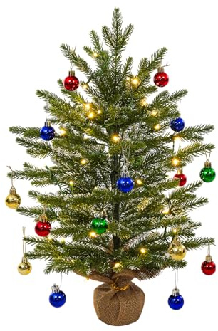 AGM 60 cm Tisch Weihnachtsbaum Klein mit 50 LEDs Lichterketten Deko 18 Weihnachtsdekoration Kugeln, Base von Leinen Baumwolle, 24inch Künstlicher Christbäume für Weihnachts Dekoration | Inklusive Mini-Weihnachtskugeln, 50 LED-Lichtern, PE-Weihnachtsbäume für Zuhause, Küche und Esstischdekoration