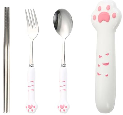 Resebestick, bootoow camping bestickset, bestick för resor med etui bestick To Go campingbestick för arbete, skola, camping och resor utomhus bestick rosa kattform