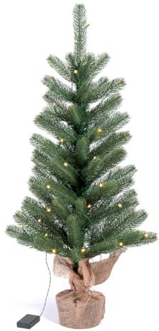 Künstlicher Tannenbaum in Nordmanntannen-Optik mit naturgetreuen PE-Nadeln, mit oder ohne Lichterkette, mit Jute Sack um den Topf, ideal als Tisch-Weihnachtsbaum