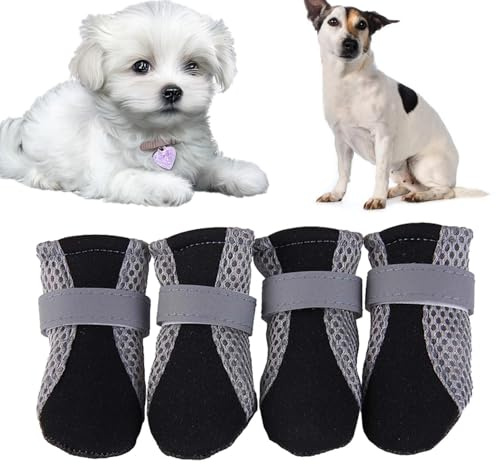 4 x Hundeschuhe – leichte Mesh-Hundeschuhe, Sommer-Haustierpfotenschutz, wasserdichte Haustier-Sandalen für Spaziergänge, und Sommer-Wanderausflüge, atmungsaktiv, rutschfeste Schuhe für Hunde