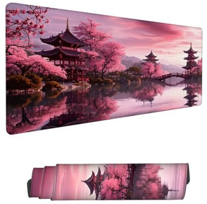 Rosa Mauspad XXL 900x300mm, Mousepad Kirschblüten Schreibtischunterlage, Wasserdichter Gaming Mauspad, Desk Mat mit Genähten Kanten, Mouse Pad mit Rutschfester Gummiunterseite Gaming Zubehör Hs-105
