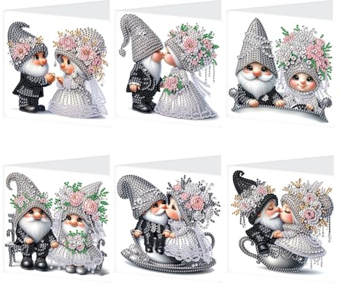 AiYuanzsh Set of 6 Gnome Diamond Painting Greeting Cards – 5D DIY Craft Kits for Handmade Bride and Groom Cards, Perfect for Wedding Gifts and Anniversaries