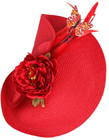 Fascinateur Chapeau Rouge en Tissu pour Femmes, Mariage Cosplay | Coiffe à Fleurs, Plumage et Papillonnage, Port Souple et Confortable, Teinte Résistante à Décoloration