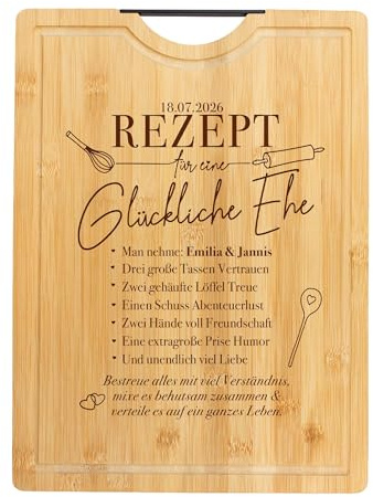 Schneidebrett aus Bambus mit Griff, glückliche Ehe Rezept als Gravur, personalisiertes Holzbrett für Hochzeit, Küchenbrett mit 2 Namen, Servierbrett zum Grillen, Geschenk für Paare