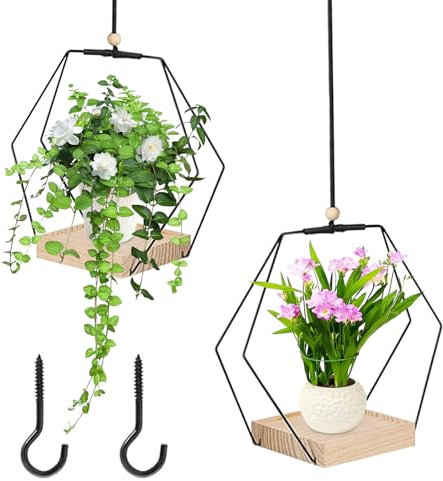 BOUFEIDA Vaso sospeso per piante, 2 vasi da appendere per piante, anello in metallo con base in legno, vasi da fiori sospesi, ganci inclusi per balcone e soggiorno, interni