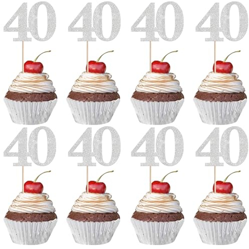 Xsstarmi 36 Pack Number 40 Cupcake Toppers Silver Glitter Cheers to 40 Years Birthday Cupcake Picks Decoration for Happy 40th Birthday Wedding Anniversary Party Cake Decorations