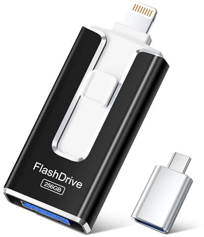 SUDEHO USB Stick 256GB for iPhone, MFi Certified Lightning Memory Stick Stable Data Transfer, 4-in-1 Flash Drive for iPhone/iPad/Android/PC, Easily Back Up and Save Files, MattBlack