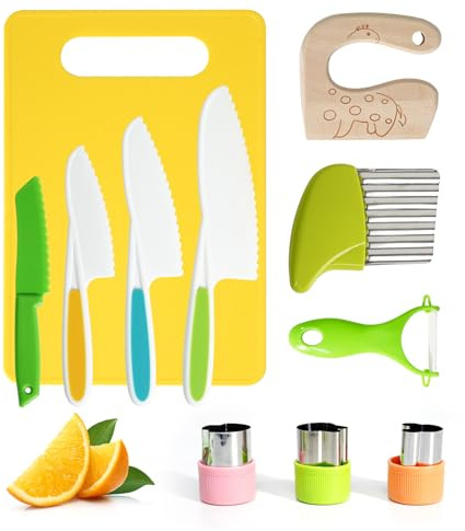 Kids Knife Set, 11 Pcs Montessori Kitchen Tools for Toddlers 3+ Real Cooking, BPA Free Kids Safe Kitchen Cooking and Baking Set with Peeler, Cutting Board for Sandwich Bread Vegetable Fruit Gift