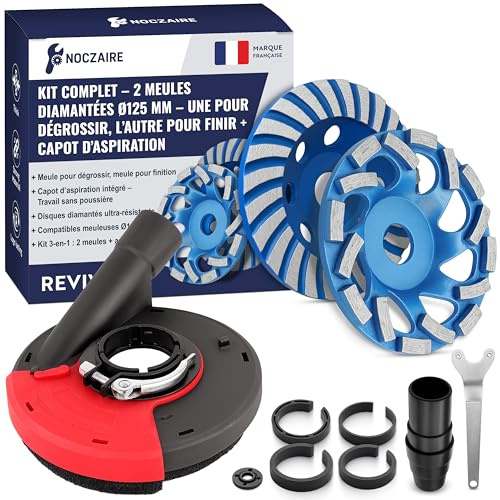 NOCZAIRE – 2 Meule Diamantée 125 mm avec Capot d’Aspiration – 2 Disques Béton 125 mm (Dégrossissage + Finition) – Ponçage Béton, Carrelage et Pierre – Kit Compatible Meuleuse & Aspirateur