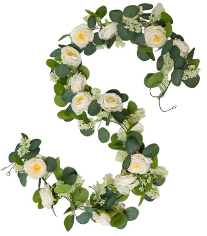 Fakeplant 2 Stück Künstliche Eukalyptus Girlande mit Rosen (198cm), Vintage Blumengirlande Champagner für Hochzeit Deko, Blumenranken Künstlich für Tischdeko, Wanddeko, Party & Frühlingsdeko