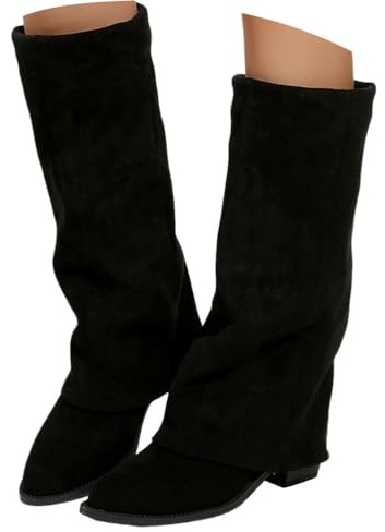 ticticlily Stiefeletten Damen Fold Over Boots Weitschaftstiefel mit Absatz Winter Langschaft Stiefel A Schwarz 40 EU