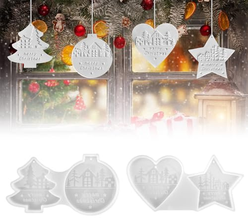 Silikonformen Gießformen Weihnachten, 4 Stück Anhänger,(Stern, Herz, Haus, Weihnachtsbaum) Gießformen Silikon, Giessformen Formen, Gips Zum Gießen, Gipsformen Mit Resin Gießharz,Raysin Gießpulver