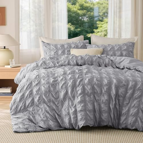 Bedsure King Size Duvet Cover – Grey Seersucker Duvet Cover Sets, Puckering Textured Bedding Set, Soft Breathable Quilt Cover with Zipper Closure, 230x220 cm with 2 Pillowcases