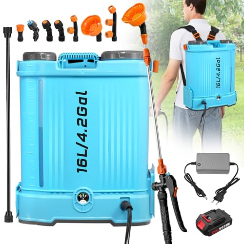 wowspeed Akku Drucksprüher 16L | Elektrischer Pflanzensprüher mit 7 Nebeldüsen, Ladegerät und Teleskopstab | 0-100 PSI Einstellbar Gartenspritze | Rückenspritze mit Verstellbarem Schultergurt