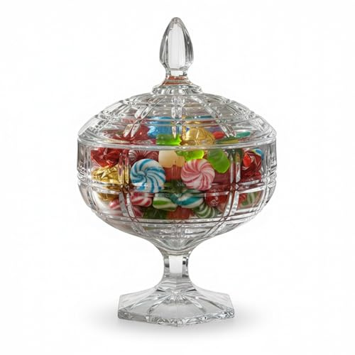 Reldor Footed Glass Candy Jar with Lid – Vintage Crystal-Cut Design, Elegant Small Sweet Jars for Treats, and Candy – Perfect for Home Decor, Gifting, and Events (16 X 24.5 cm)