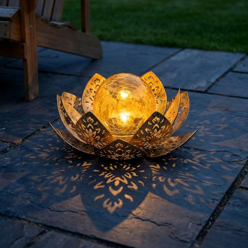 Solar Lights Outdoor Garden Ornaments - Metal Lotus Flower Solar Lights Outdoor Garden Decor - Waterproof Amber LED Solar Powered Garden Lights for Patio Lawn Porch Pathway Pond - Unique Gifts for Mom