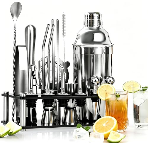 20-teiliges Cocktail Set 750ml aus Edelstahl mit Acrylständer, professionelles Bartender Zubehör zum Cocktail Mixen